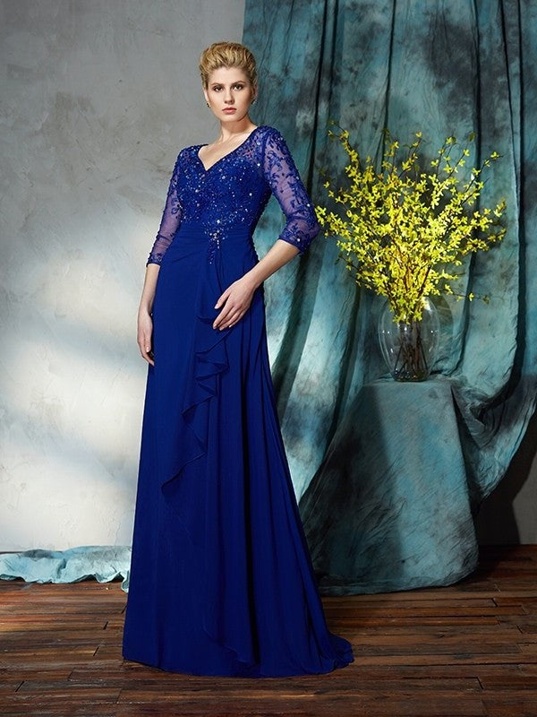 A-Line/Princess V-neck Sequin 3/4 Sleeves Long Chiffon Mother of the Bride Dresses DFP0007197