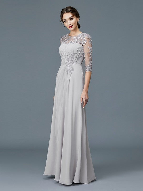 A-Line/Princess Scoop 3/4 Sleeves Chiffon Ruffles Floor-Length Mother of the Bride Dresses DFP0007068