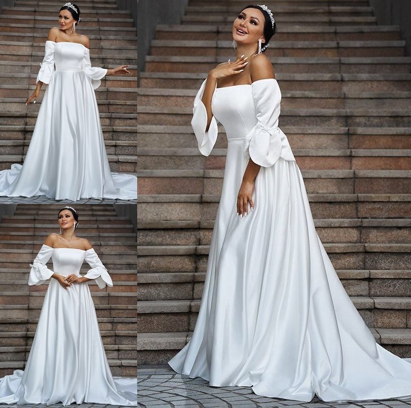 A-Line/Princess Charmeuse Ruffles Off-the-Shoulder 3/4 Sleeves Sweep/Brush Train Wedding Dresses DFP0006367