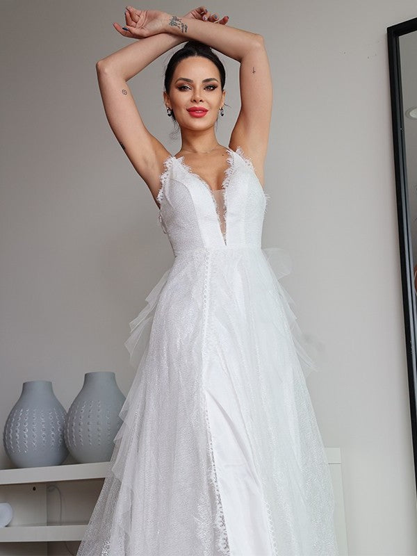 A-Line/Princess Lace Ruffles V-neck Sleeveless Sweep/Brush Train Wedding Dresses DFP0006454