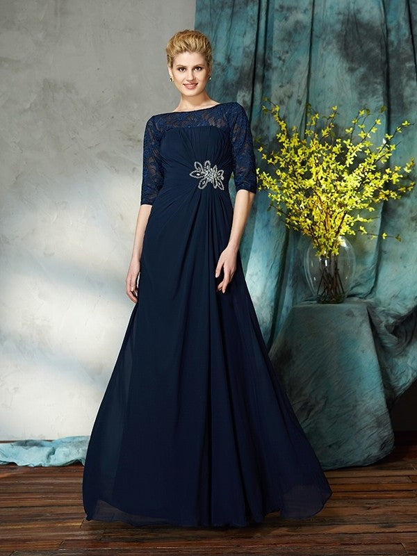 A-Line/Princess Bateau Beading 1/2 Sleeves Long Chiffon Mother of the Bride Dresses DFP0007338