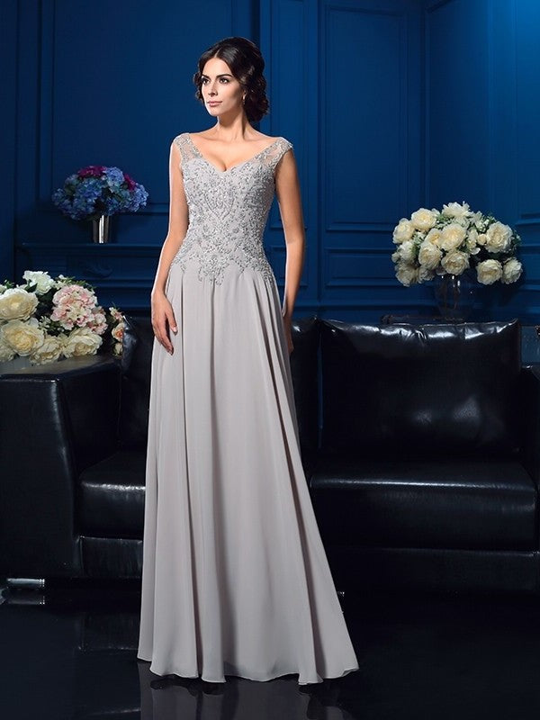 A-Line/Princess V-neck Beading Sleeveless Long Chiffon Mother of the Bride Dresses DFP0007073