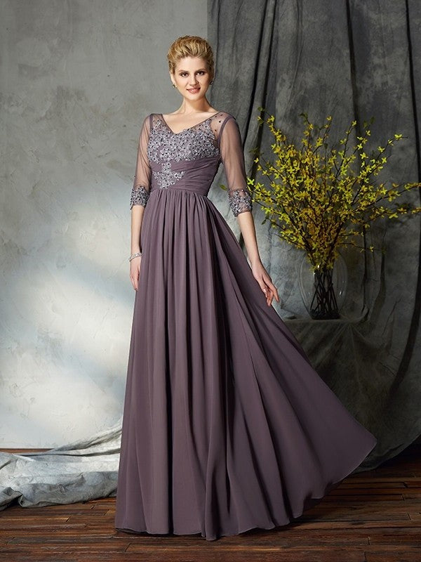 A-Line/Princess V-neck 1/2 Sleeves Long Chiffon Mother of the Bride Dresses DFP0007305