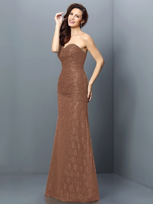 A-Line/Princess Sweetheart Lace Sleeveless Long Satin Bridesmaid Dresses DFP0005630