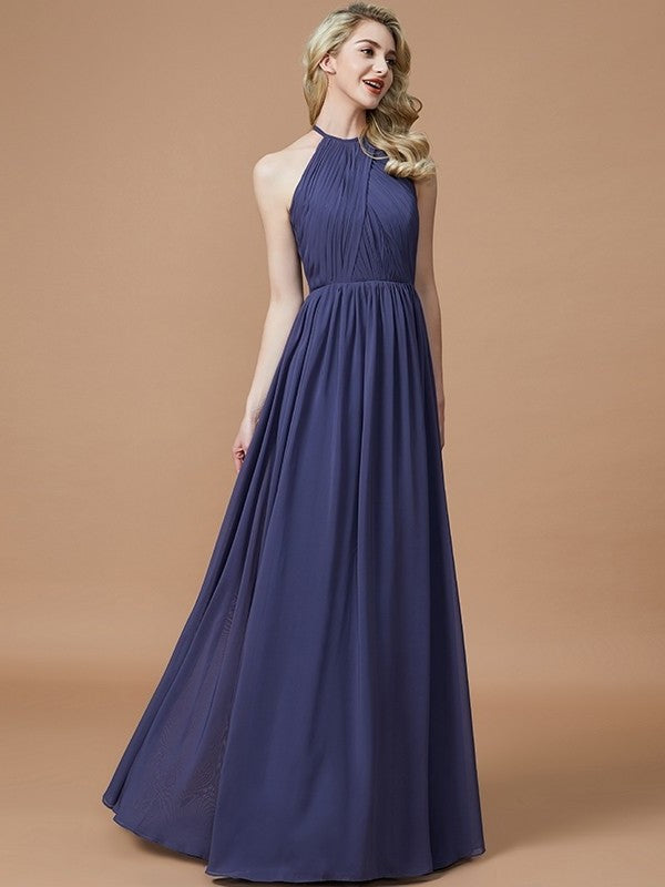 A-Line/Princess Scoop Chiffon Sleeveless Floor-Length Bridesmaid Dresses DFP0005455