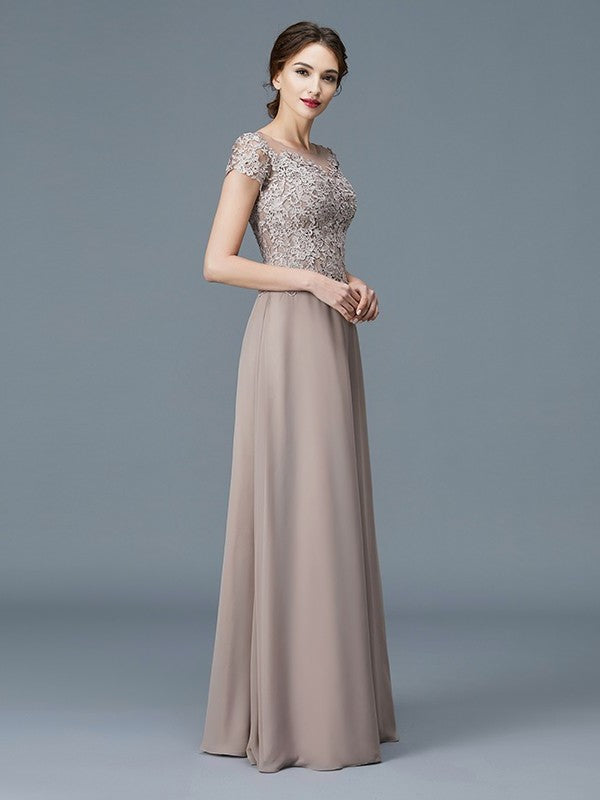 A-Line/Princess Scoop Short Sleeves Applique Floor-Length Chiffon Mother of the Bride Dresses DFP0007275