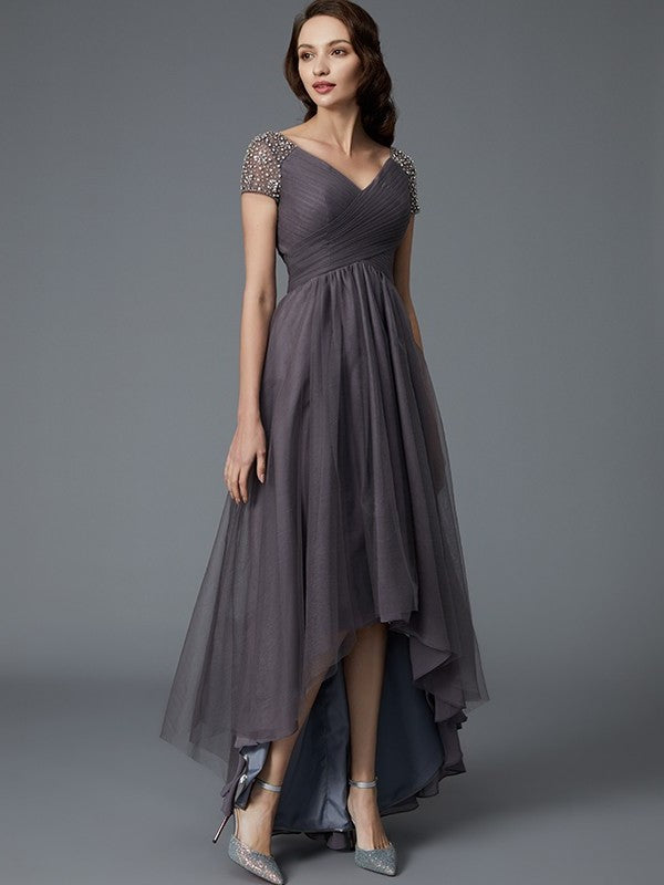 A-Line/Princess V-neck Short Sleeves Asymmetrical Tulle Mother of the Bride Dresses DFP0007098