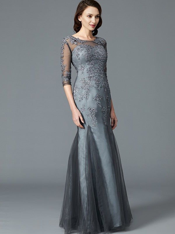 Sheath/Column Scoop Applique 1/2 Sleeves Tulle Floor-Length Mother of the Bride Dresses DFP0007147