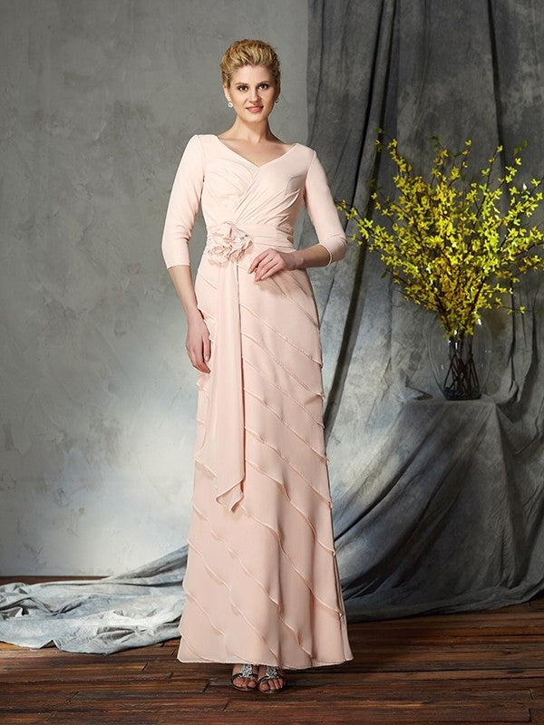 Sheath/Column V-neck Hand-Made Flower 3/4 Sleeves Long Chiffon Mother of the Bride Dresses DFP0007053