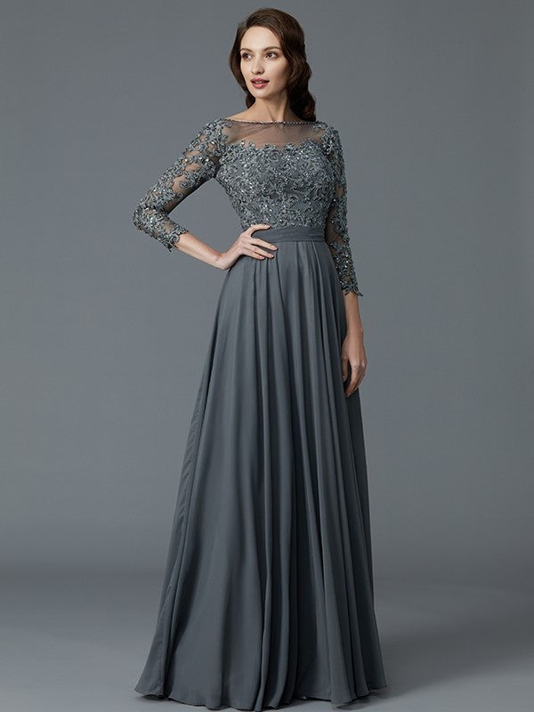 A-Line/Princess 3/4 Sleeves Bateau Floor-Length Chiffon Mother of the Bride Dresses DFP0007092