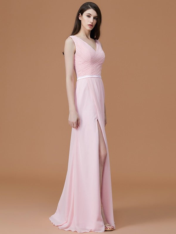 A-Line/Princess V-neck Sleeveless Floor-Length Ruched Chiffon Bridesmaid Dresses DFP0005284