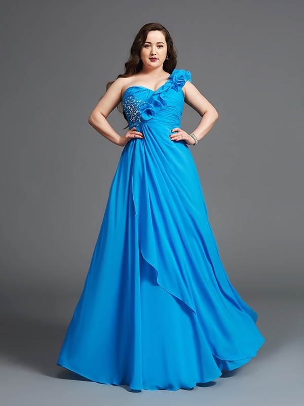 A-Line/Princess One-Shoulder Rhinestone Sleeveless Long Chiffon Plus Size Dresses DFP0004258