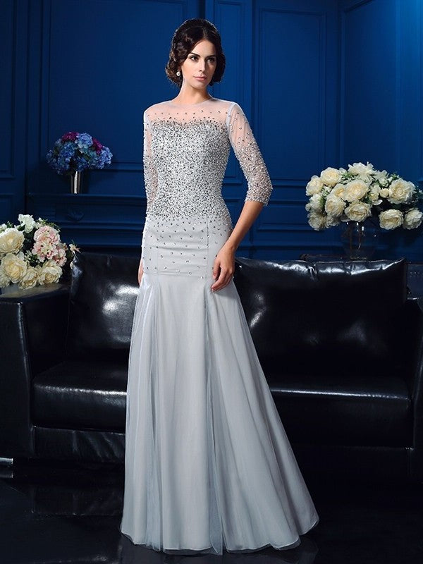 Sheath/Column Scoop Beading 3/4 Sleeves Long Net Mother of the Bride Dresses DFP0007137