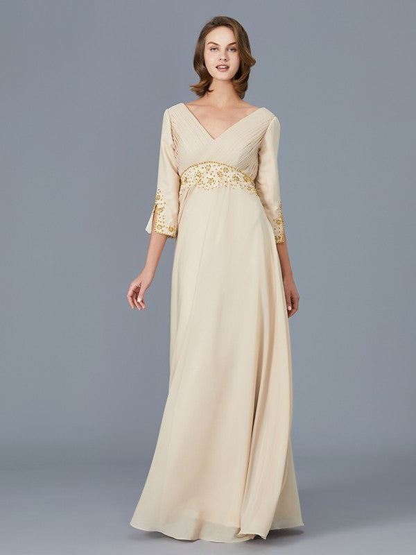 A-Line/Princess V-neck Ruffles Chiffon Floor-Length Mother of the Bride Dresses DFP0007385