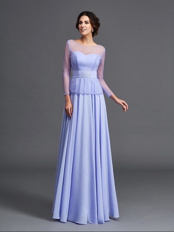 A-Line/Princess Scoop Ruffles Long Sleeves Long Chiffon Mother of the Bride Dresses DFP0007445