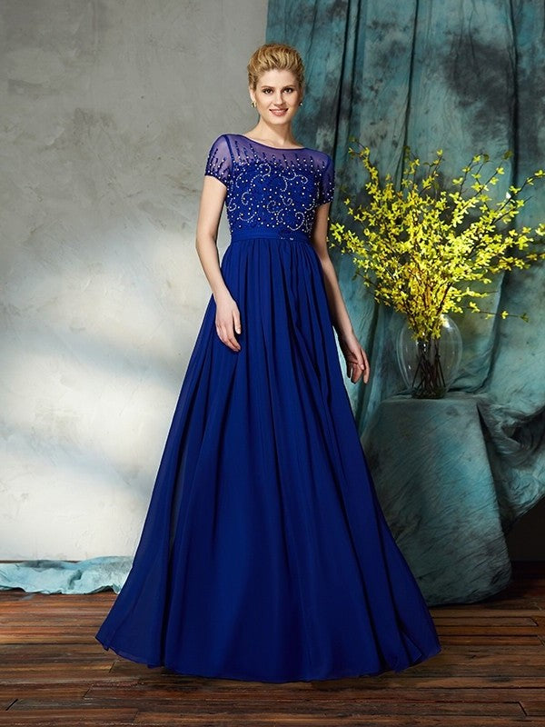 A-Line/Princess Scoop Beading Short Sleeves Long Chiffon Mother of the Bride Dresses DFP0007371