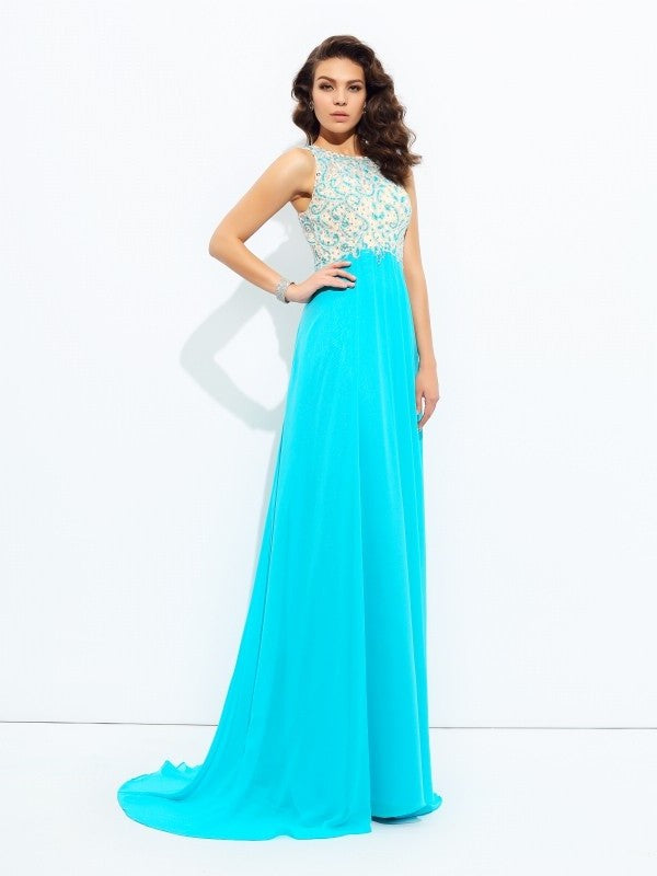 A-line/Princess Scoop Beading Sleeveless Long Chiffon Dresses DFP0003077