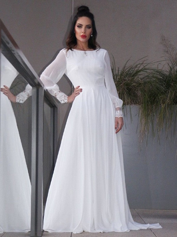 A-Line/Princess Chiffon Ruffles Long Sleeves Scoop Sweep/Brush Train Wedding Dresses DFP0006511