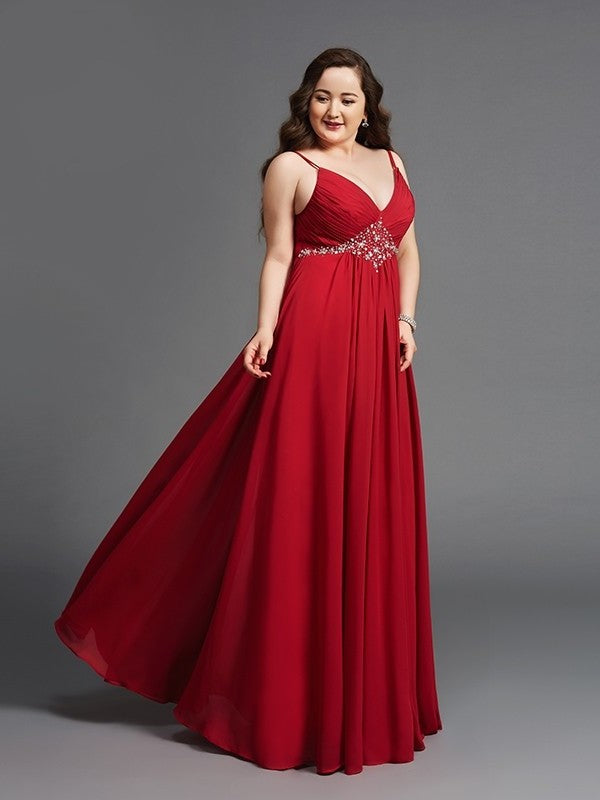 A-Line/Princess Spaghetti Straps Beading Sleeveless Long Chiffon Plus Size Dresses DFP0002460