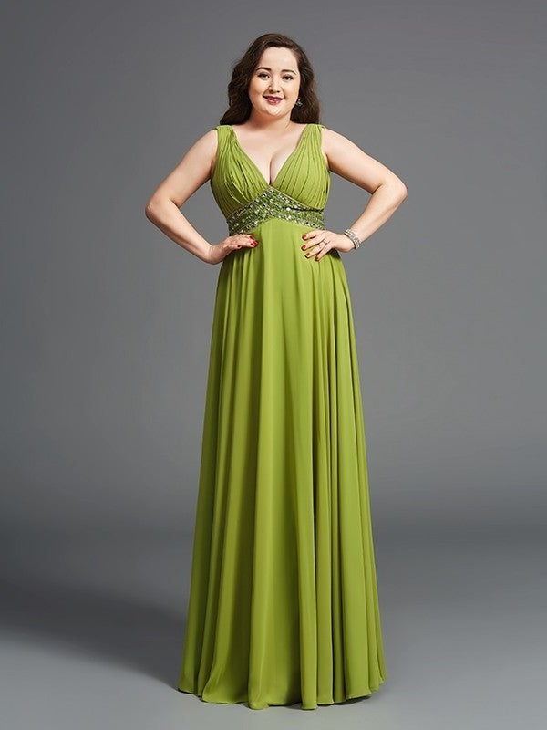 A-Line/Princess Straps Rhinestone Sleeveless Long Chiffon Plus Size Dresses DFP0003333