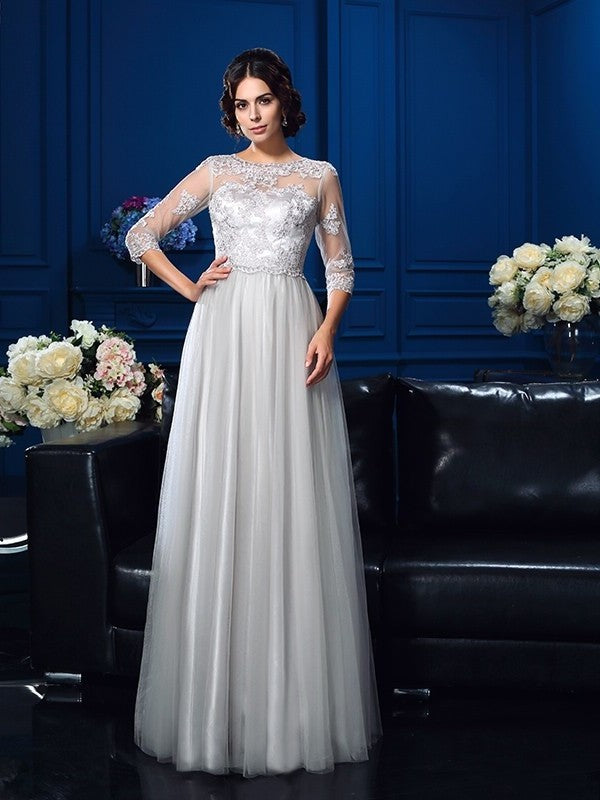 A-Line/Princess Scoop Applique 3/4 Sleeves Long Elastic Woven Satin Mother of the Bride Dresses DFP0007198