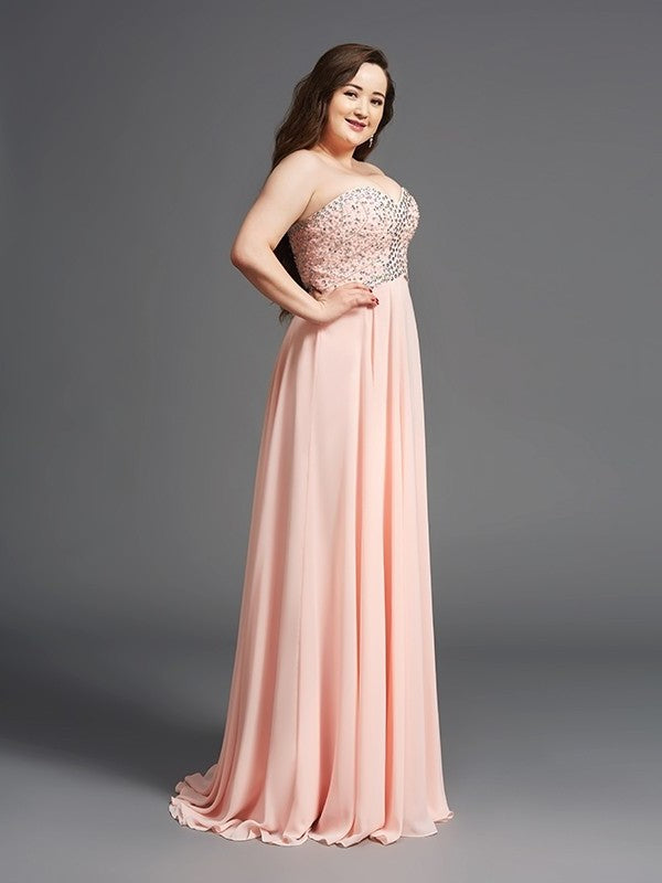 A-Line/Princess Sweetheart Beading Sleeveless Long Chiffon Plus Size Dresses DFP0003818