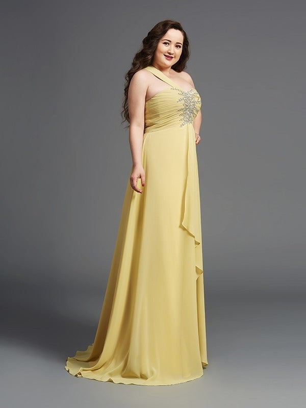 A-Line/Princess One-Shoulder Rhinestone Sleeveless Long Chiffon Plus Size Dresses DFP0003729