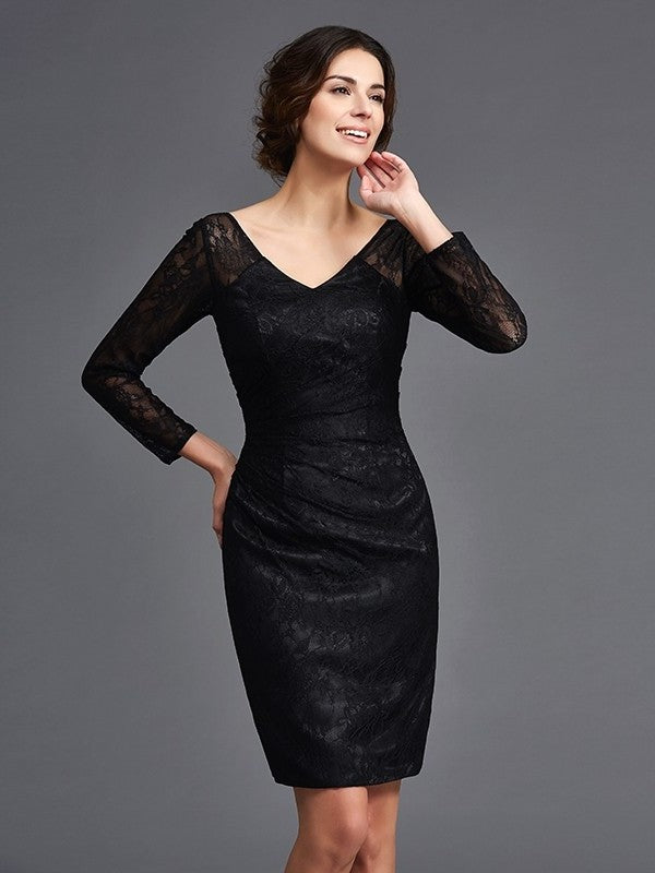 Sheath/Column V-neck Lace Long Sleeves Short Elastic Woven Satin Mother of the Bride Dresses DFP0007400