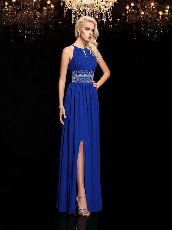 A-line/Princess Jewel Beading Sleeveless Long Chiffon Dresses DFP0003108