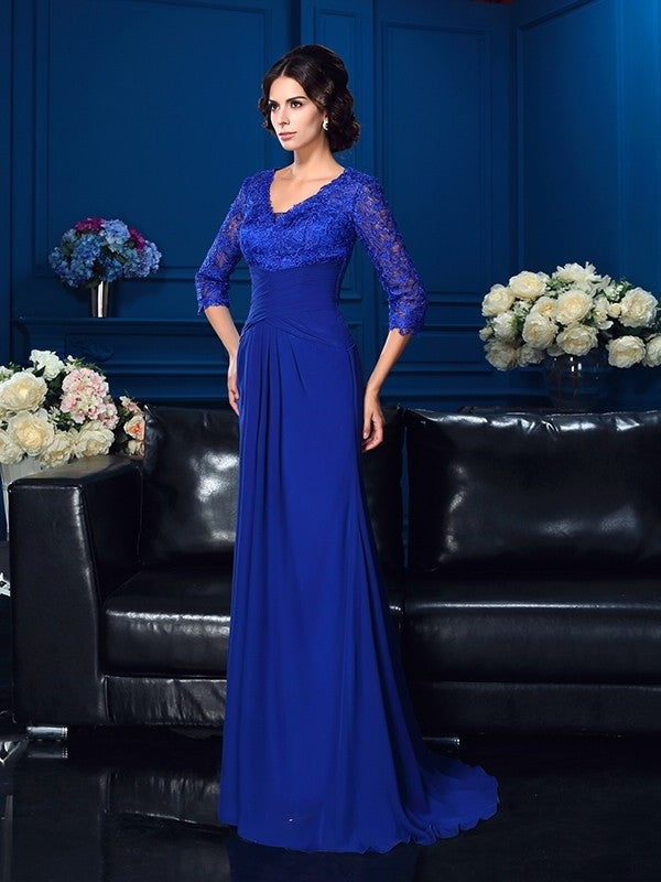 A-Line/Princess V-neck Applique 3/4 Sleeves Long Chiffon Mother of the Bride Dresses DFP0007278