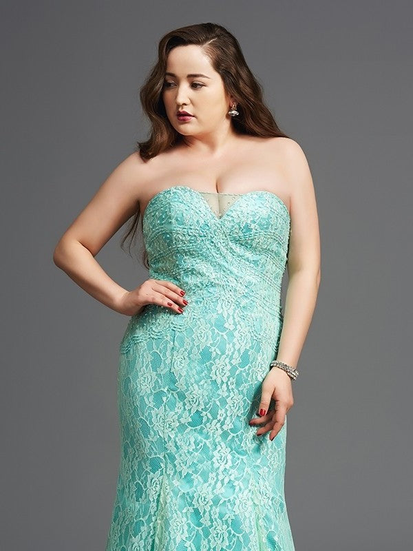 Sheath/Column Strapless Lace Sleeveless Long Satin Plus Size Dresses DFP0004326