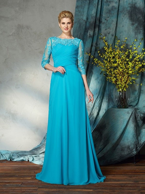 A-Line/Princess Bateau Applique 3/4 Sleeves Long Chiffon Mother of the Bride Dresses DFP0007256