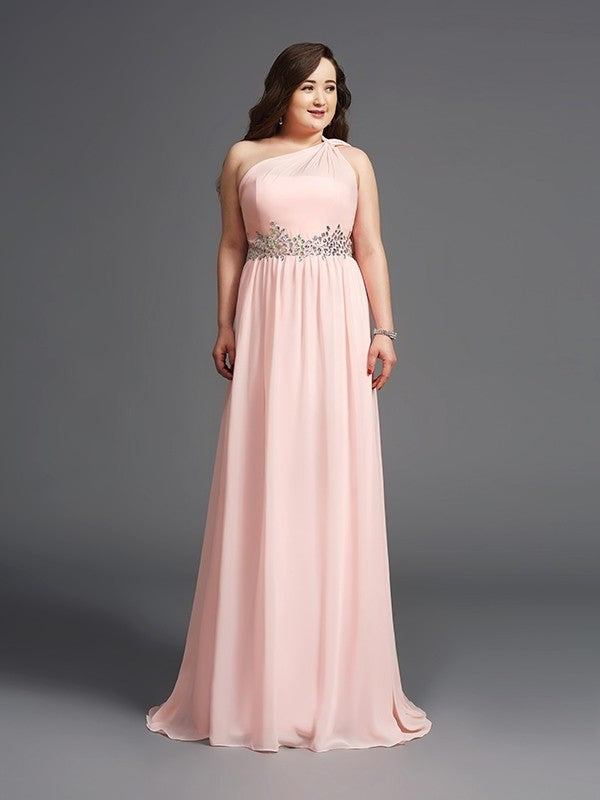 A-Line/Princess One-Shoulder Rhinestone Sleeveless Long Chiffon Plus Size Dresses DFP0002809