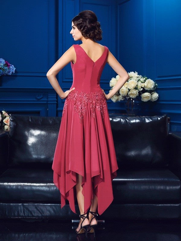 A-Line/Princess V-neck Applique Sleeveless High Low Chiffon Mother of the Bride Dresses DFP0007178