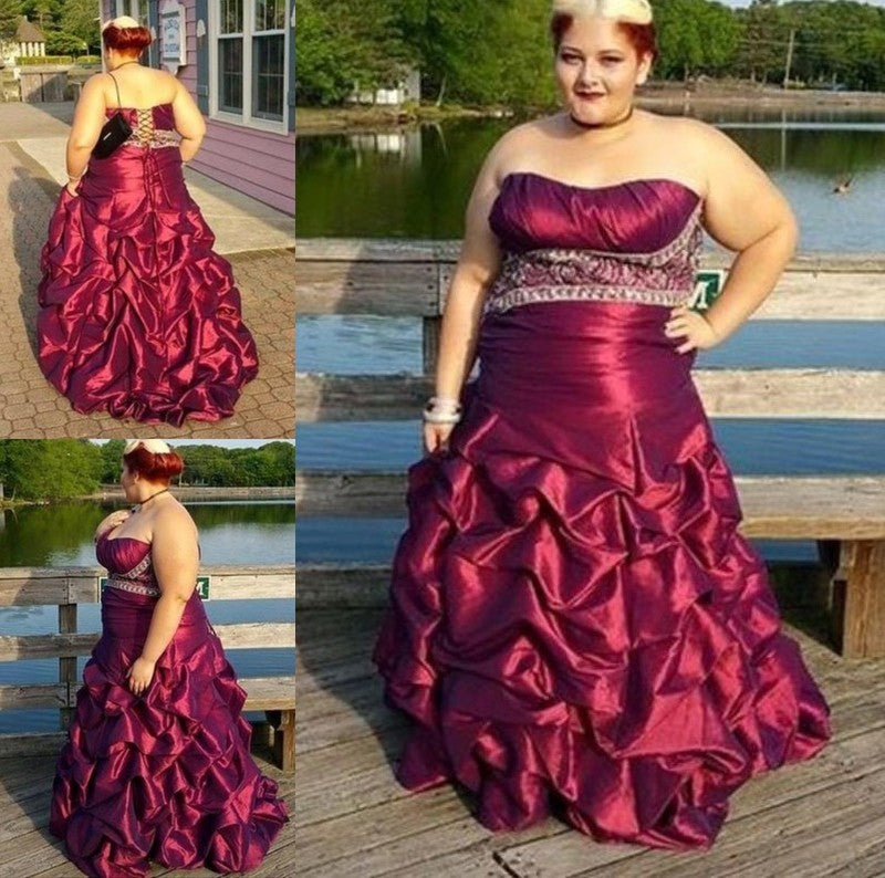 A-Line/Princess Strapless Sleeveless Beading Floor-Length Taffeta Plus Size Dresses DFP0004347