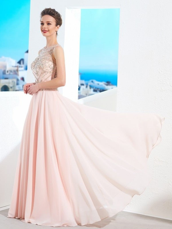 A-Line/Princess Scoop Sleeveless Chiffon Crystal Floor-length Dresses DFP0002536