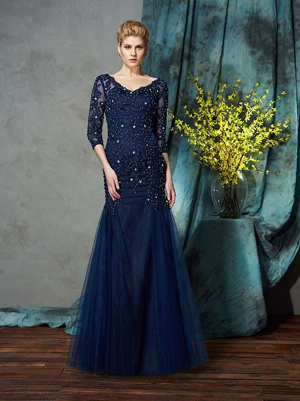 Sheath/Column V-neck Applique 3/4 Sleeves Long Net Mother of the Bride Dresses DFP0007185