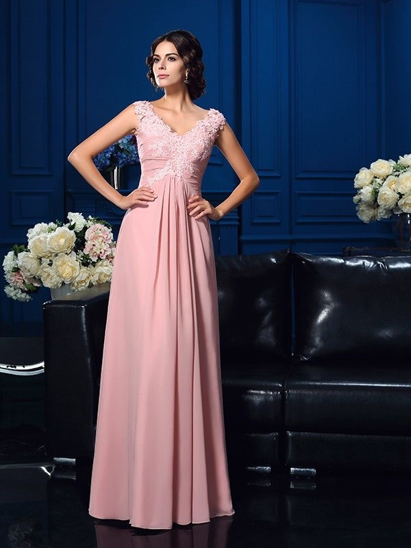 A-Line/Princess V-neck Applique Sleeveless Long Chiffon Mother of the Bride Dresses DFP0007183