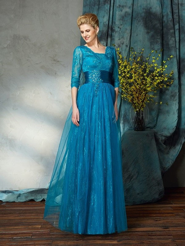 A-Line/Princess V-neck Applique 3/4 Sleeves Long Net Mother of the Bride Dresses DFP0007436