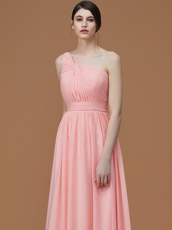 A-Line/Princess One-Shoulder Sleeveless Floor-Length Ruched Chiffon Bridesmaid Dresses DFP0005701