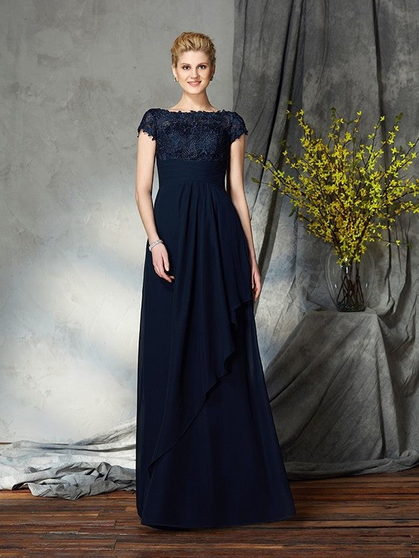 A-Line/Princess Bateau Applique Short Sleeves Long Chiffon Mother of the Bride Dresses DFP0007264