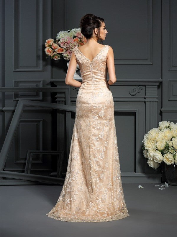 A-Line/Princess V-neck Lace Sleeveless Long Elastic Woven Satin Mother of the Bride Dresses DFP0007061