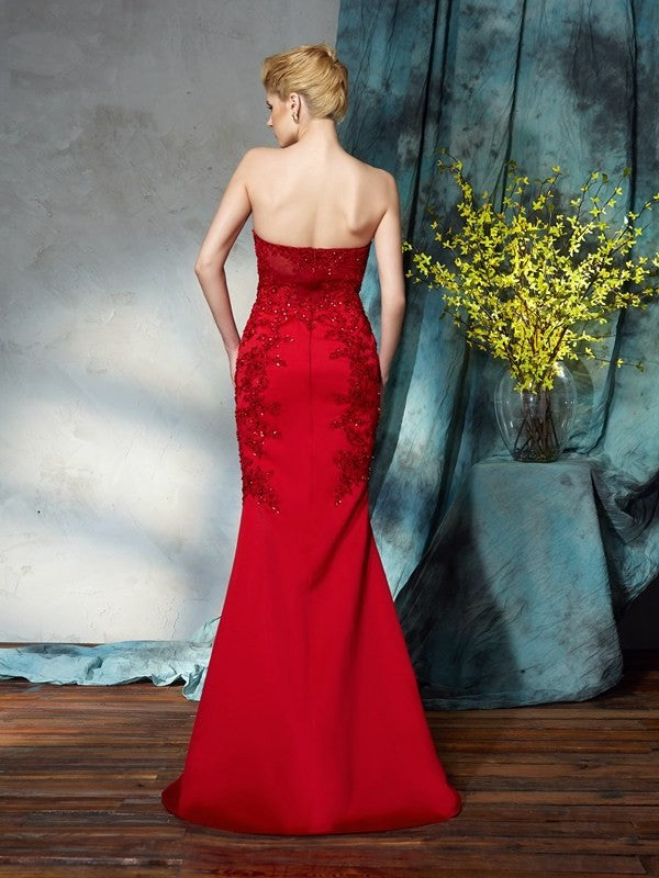 Trumpet/Mermaid Strapless Applique Sleeveless Long Satin Mother of the Bride Dresses DFP0007416