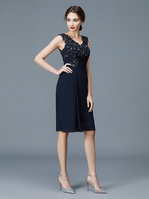 Sheath/Column V-neck Ruffles Chiffon Sleeveless Knee-Length Mother of the Bride Dresses DFP0007325