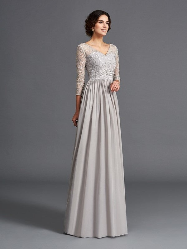 A-Line/Princess V-neck Ruffles 3/4 Sleeves Long Chiffon Mother of the Bride Dresses DFP0007308