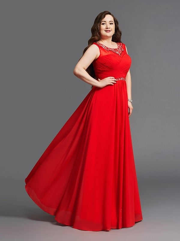 A-Line/Princess Scoop Beading Sleeveless Long Chiffon Plus Size Dresses DFP0003655