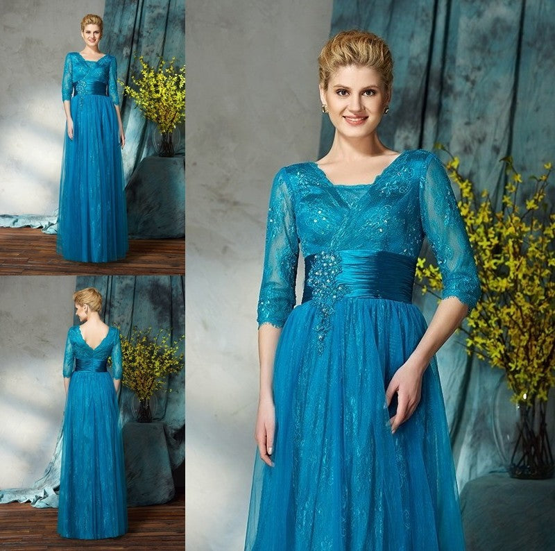 A-Line/Princess V-neck Applique 3/4 Sleeves Long Net Mother of the Bride Dresses DFP0007436