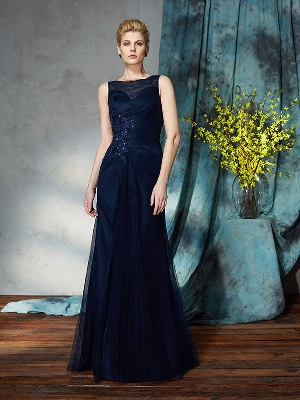 Sheath/Column Bateau Applique Sleeveless Long Net Mother of the Bride Dresses DFP0007349