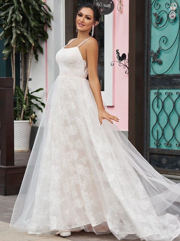 A-Line/Princess Lace Ruffles Spaghetti Straps Sleeveless Sweep/Brush Train Wedding Dresses DFP0006402