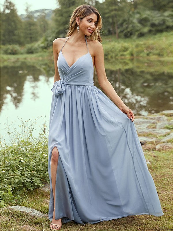 A-Line/Princess Chiffon Ruffles V-neck Sleeveless Sweep/Brush Train Bridesmaid Dresses DFP0004979